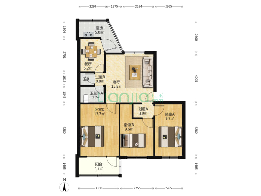 西安墙体材料研究院小区 3室2厅2卫 79平方