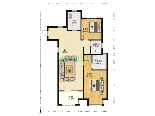 香江公馆 2室1厅2卫 115平方