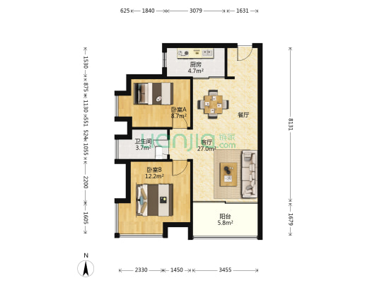 京华假日湾B区 2室1厅1卫 76平方