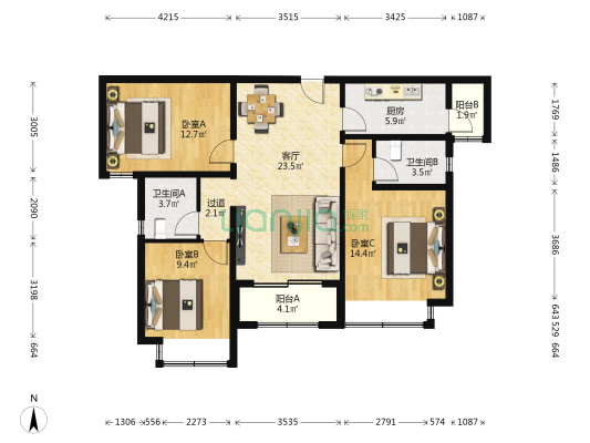 香悦四季东区 3室1厅2卫 95平方
