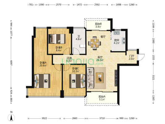 颐安天朗名庭 3室1厅1卫 108平方