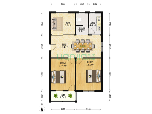锦绣二区 2室2厅1卫 87平方