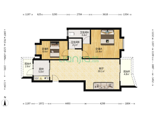翠湖花园 2室1厅2卫 85平方