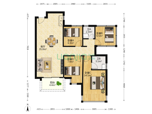 荣和悦澜山 4室1厅2卫 92平方