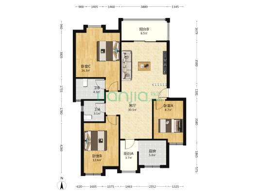 翠湖南苑 3室1厅2卫 107平方