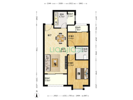 阳光100阿尔勒 2室1厅1卫 89平方