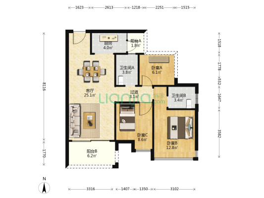 世纪金湖花园 3室1厅2卫 90平方