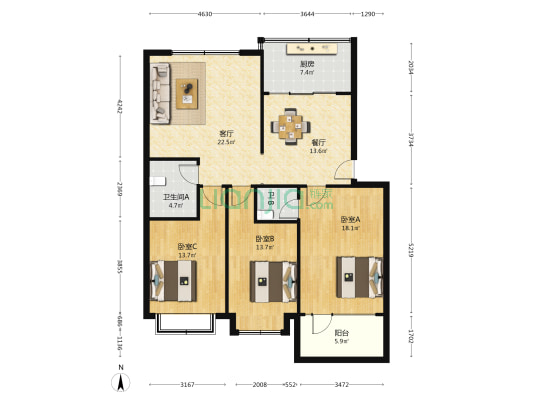 鑫港花园南区 3室2厅2卫 116平方