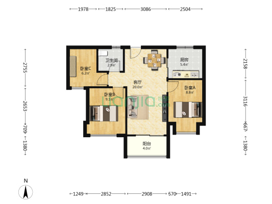 建发缦玥长滩 3室1厅1卫 79平方