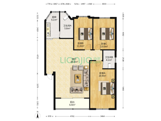 湖畔花园 3室1厅2卫 133平方