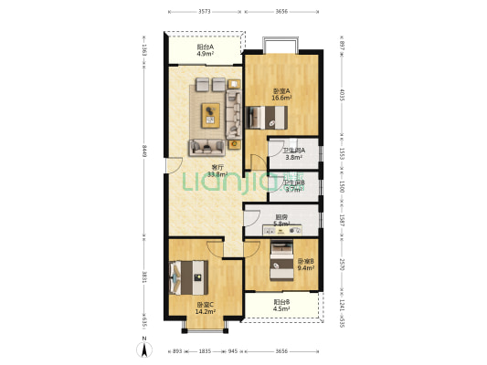 滨江花园 3室1厅2卫 137平方