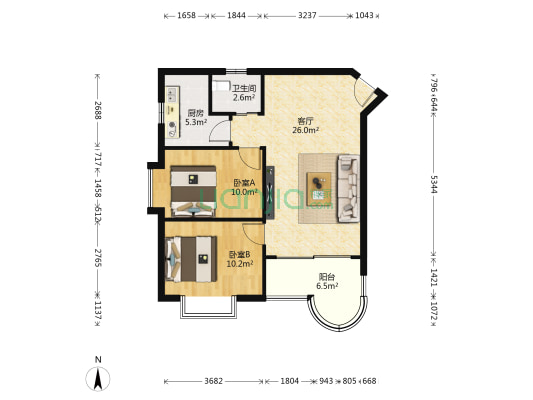 信步闲庭 2室1厅1卫 78平方