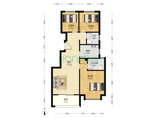 武汉宝龙世家 3室1厅2卫 96平方