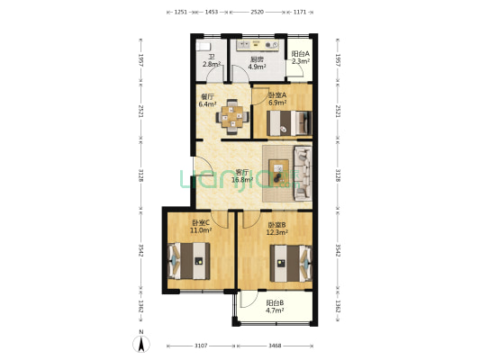 泰安市教育委员会东青龙街宿舍 3室2厅1卫 85平方