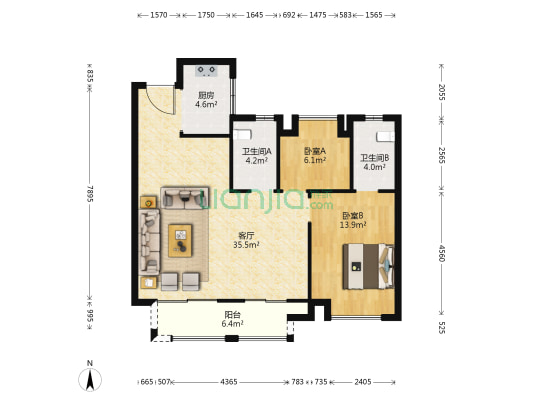吾悦华府A区 2室1厅2卫 96平方