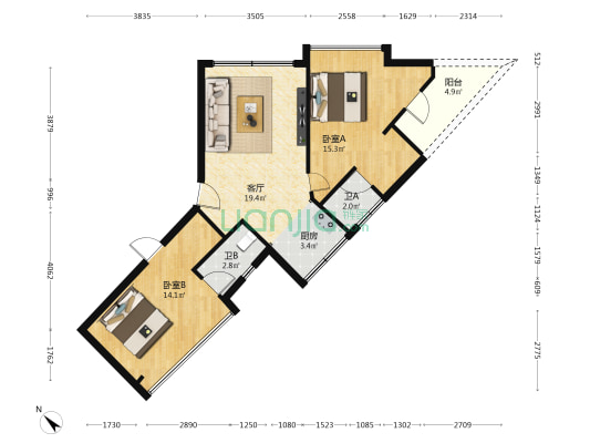 溢富楼 2室1厅2卫 73平方