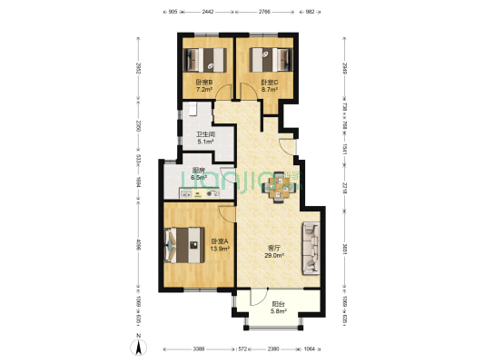 耕海山尚 3室1厅1卫 93平方