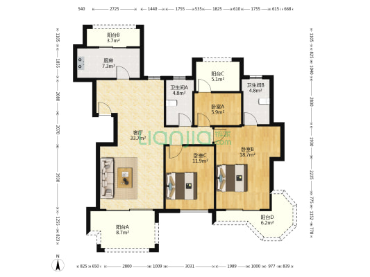 英伦经典A区 3室1厅2卫 128平方