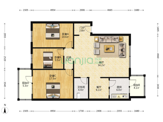哈广小区 3室2厅1卫 136平方