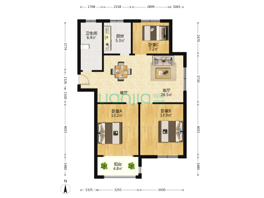 嘉秀花园 3室1厅1卫 103平方