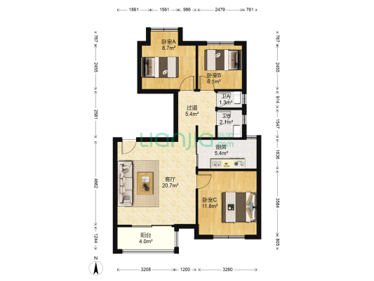 万科阳光苑 3室1厅2卫 91平方