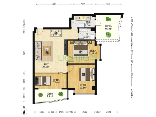 嘉州华都 3室1厅1卫 90平方