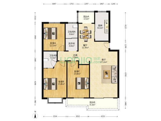 茶山花苑B区 3室2厅3卫 136平方