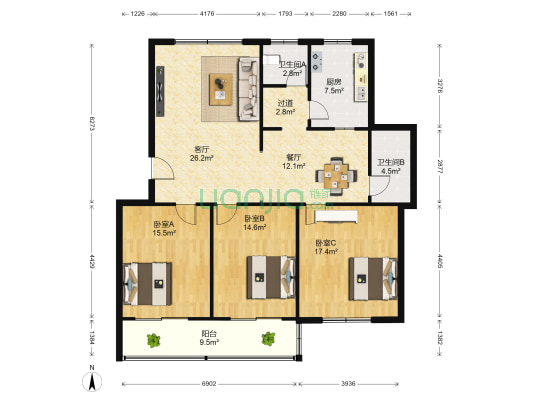 开元小区 3室2厅2卫 129平方