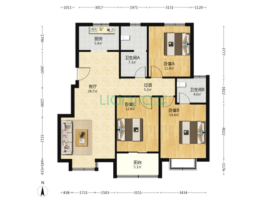 悠园新村 3室1厅2卫 120平方