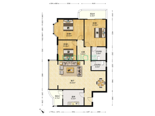 方正花园 3室1厅2卫 155平方