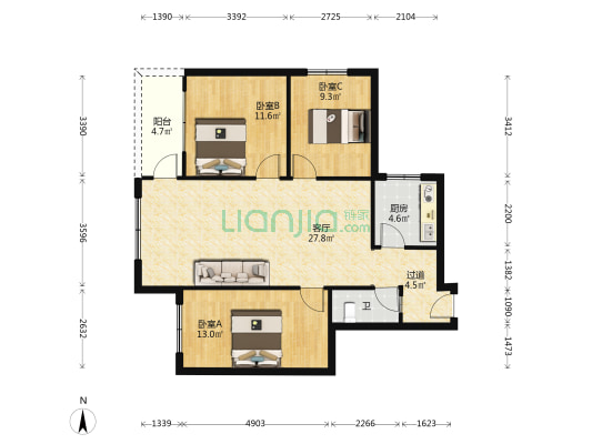 农修厂宿舍 3室1厅1卫 88平方