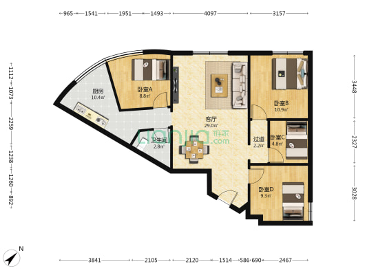 清堰坡小区 4室1厅1卫 103平方