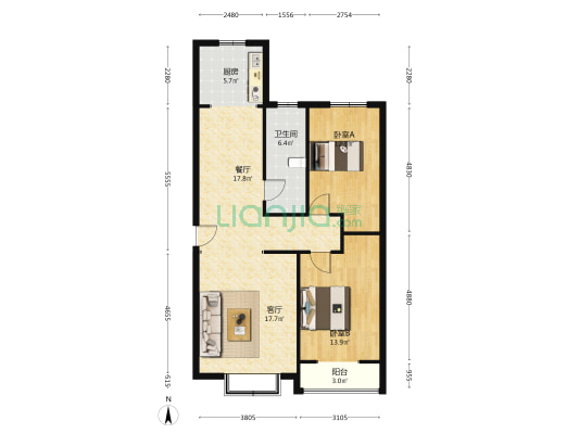 阳光水岸 2室2厅1卫 103平方