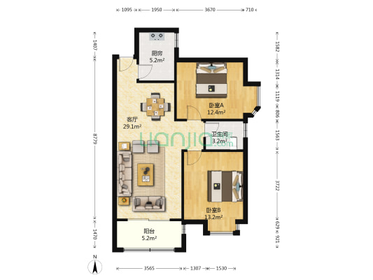 地华梅溪湖畔 2室1厅1卫 86平方