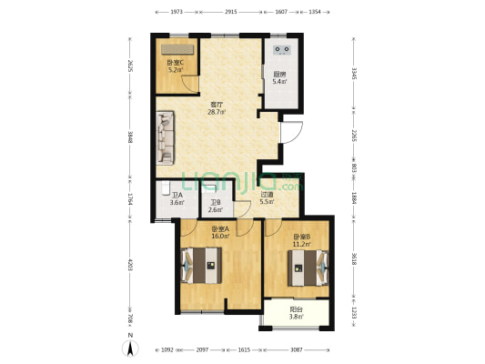 富康锦苑 3室1厅2卫 106平方