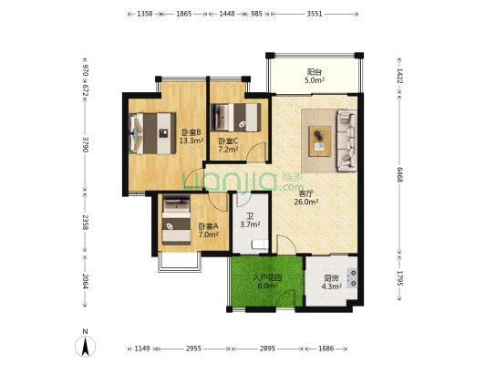东海国际花园二区5期 3室1厅1卫 83平方