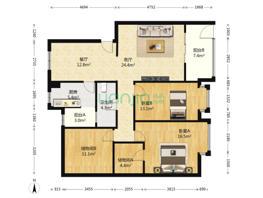东方玫瑰园 2室2厅1卫 119平方