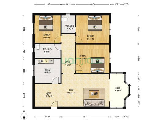 聚祥渝南花园 3室2厅2卫 123平方