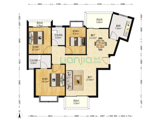 新世界长湖苑二期 3室2厅2卫 127平方
