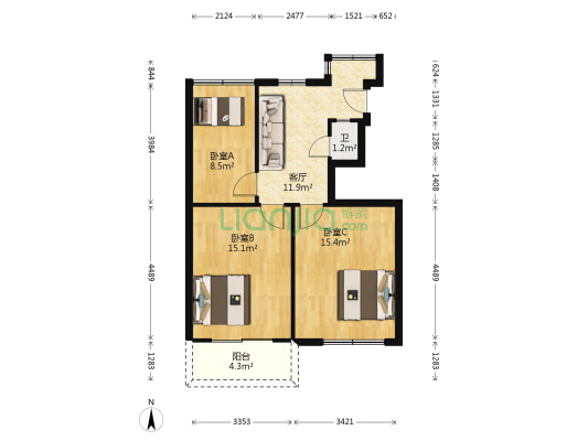 开元路中医院宿舍 3室1厅1卫 61平方