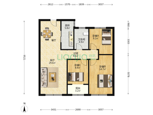 汇源首座 3室1厅1卫 113平方
