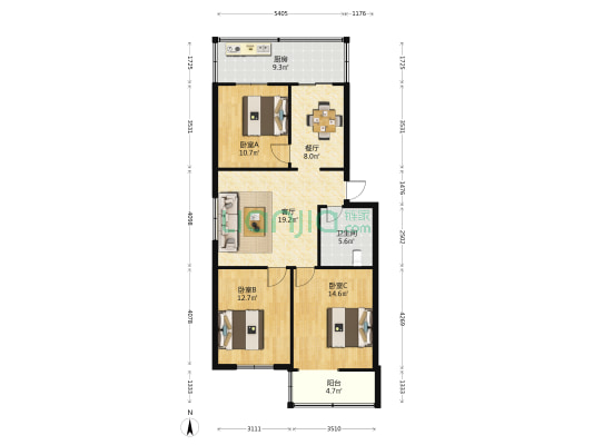 幼教宿舍 3室2厅1卫 94平方