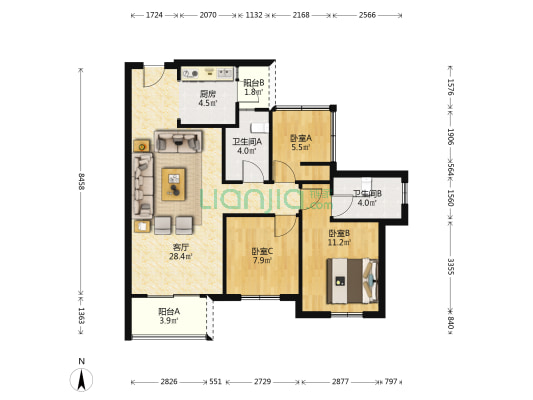 龙光天府玖誉府 3室1厅2卫 88平方