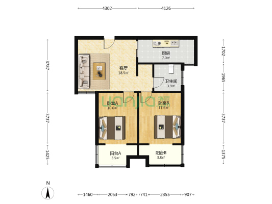九里新苑南区 2室1厅1卫 84平方