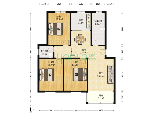 闻钟苑二区 3室2厅2卫 116平方