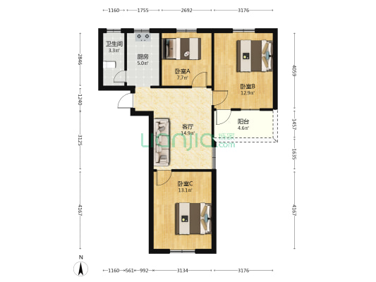 思儿亭小区 3室1厅1卫 80平方