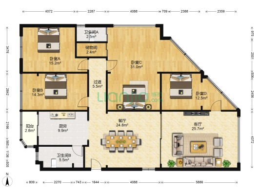 巴黎花园 4室2厅2卫 174平方