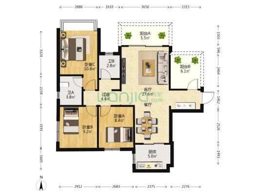 彰泰滨江学府 3室1厅2卫 110平方