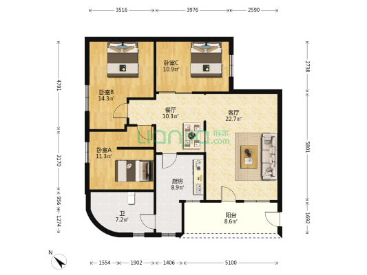 江浦东路 3室2厅1卫 130平方