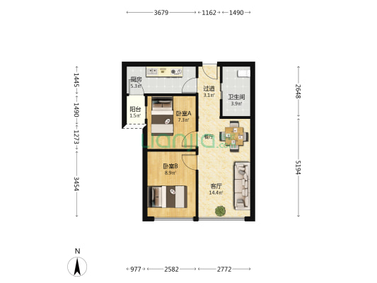 铁建大厦 2室1厅1卫 69平方